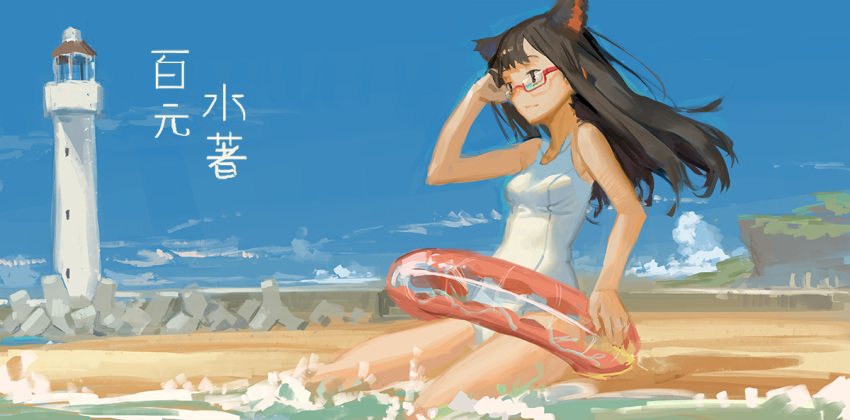 1girl bare_shoulders black_hair clouds glasses hand_to_head long_hair semi-rimless_glasses sky solo swimsuit tommy830219 water white_swimsuit