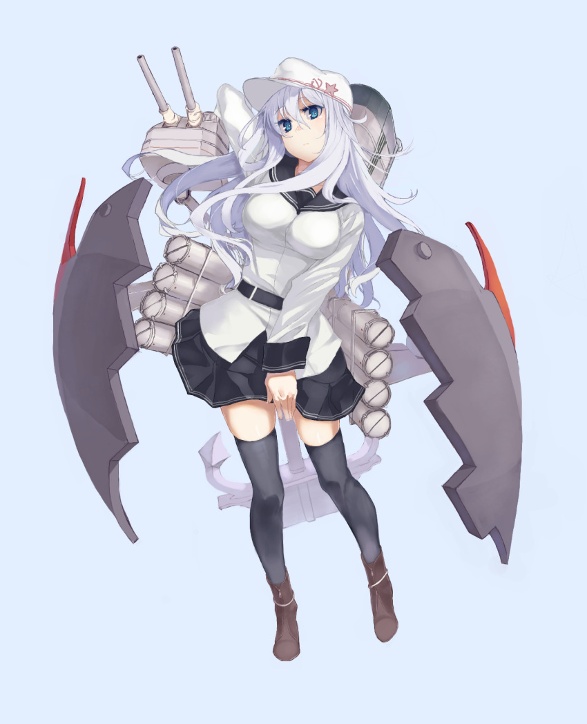 1girl anchor arm_behind_head arm_up black_legwear blue_background blue_eyes boots breasts brown_boots flat_cap hair_between_eyes hammer_and_sickle hat hibiki_(kantai_collection) highres kantai_collection kirisato_itsuki large_breasts long_hair long_sleeves looking_at_viewer machinery older pleated_skirt remodel_(kantai_collection) school_uniform serafuku silver_hair simple_background skirt solo star thigh-highs torpedo turret verniy_(kantai_collection) zipper