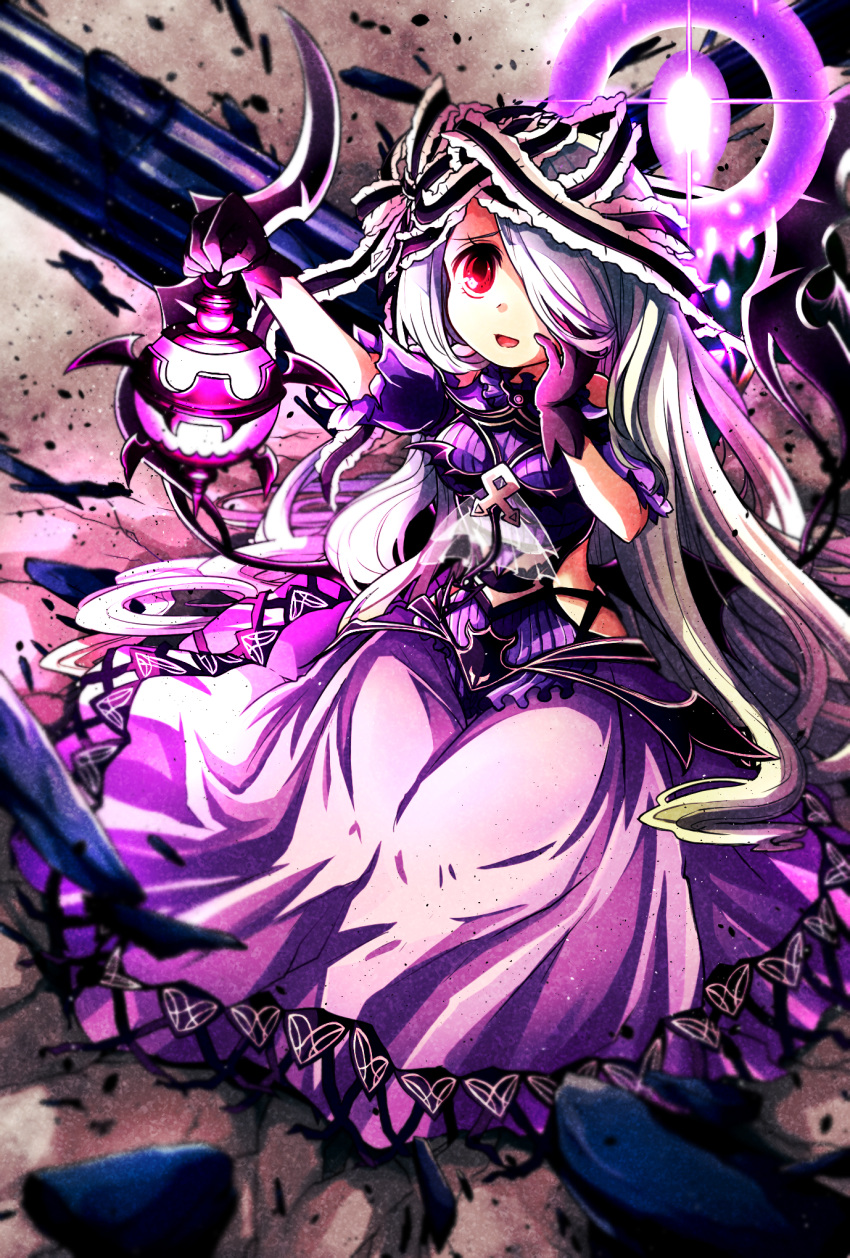 1girl bare_shoulders blonde_hair breasts column debris dress gradient_hair hair_over_one_eye hand_on_own_face hat hat_ribbon highres lantern long_hair multicolored_hair open_mouth pandora_(p&amp;d) pikomarie pillar purple_dress purple_gloves puzzle_&amp;_dragons red_eyes ribbon silver_hair sitting solo treasure_chest very_long_hair