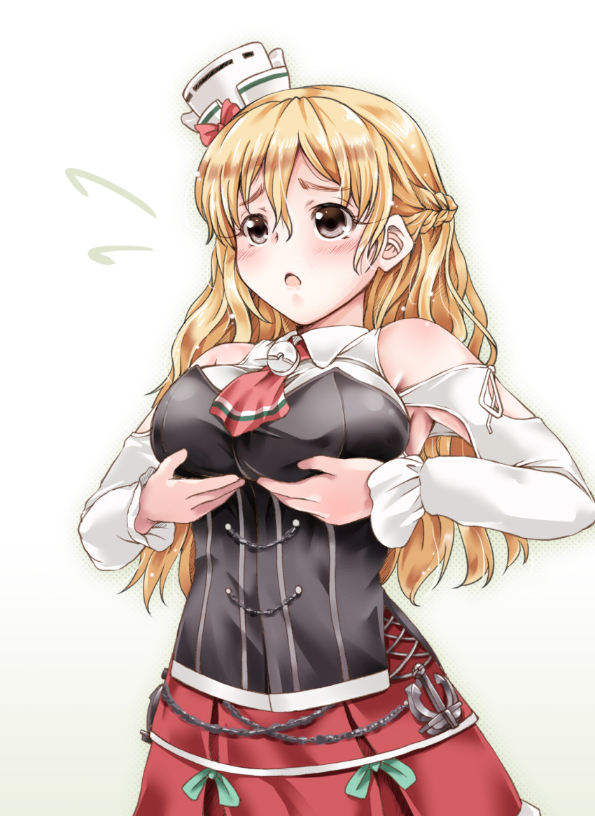 1girl :o anchor armpit_cutout black_eyes blonde_hair blush bow braid breast_rest breast_squeeze breasts cowboy_shot cravat cross-laced_clothes french_braid hands_on_breasts hat highres kantai_collection large_breasts long_hair red_bow red_skirt shoulder_cutout skirt solo tsukineko zara_(kantai_collection)