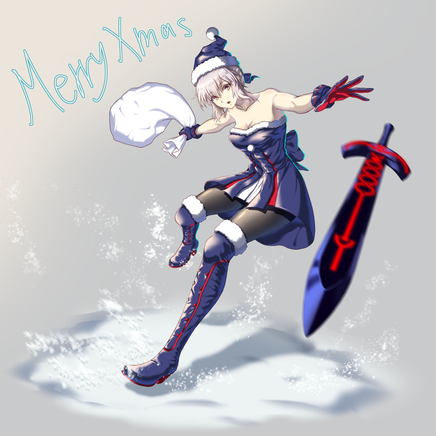1girl absurdres artist_request blonde_hair boots breasts cleavage dark_excalibur fate/grand_order fate/stay_night fate_(series) fur-trimmed_legwear gloves grey_hair hat highres pantyhose saber saber_alter sack santa_hat snow solo thigh-highs thigh_boots yellow_eyes