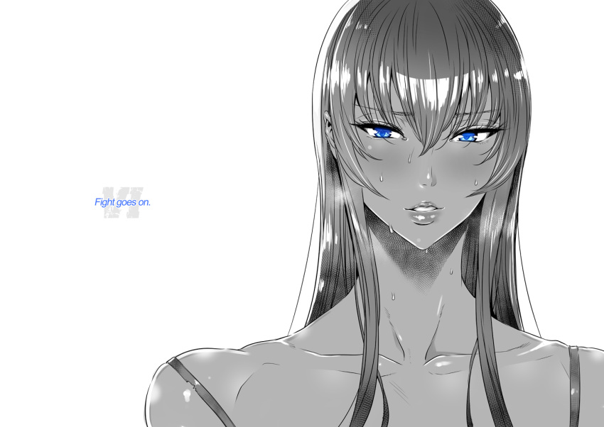 1girl blue_eyes blush busujima_saeko english eyelashes face fei_(maidoll) highschool_of_the_dead long_hair monochrome parted_lips portrait simple_background solo spot_color sweat sweating white_background