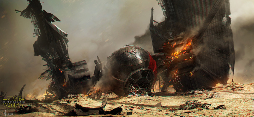 andree_wallin burning damaged desert first_order highres jakku_(star_wars) logo official_art production_art promotional_art realistic science_fiction signature smoke space_craft spoilers star_wars star_wars:_the_force_awakens starfighter tie_fighter wreckage
