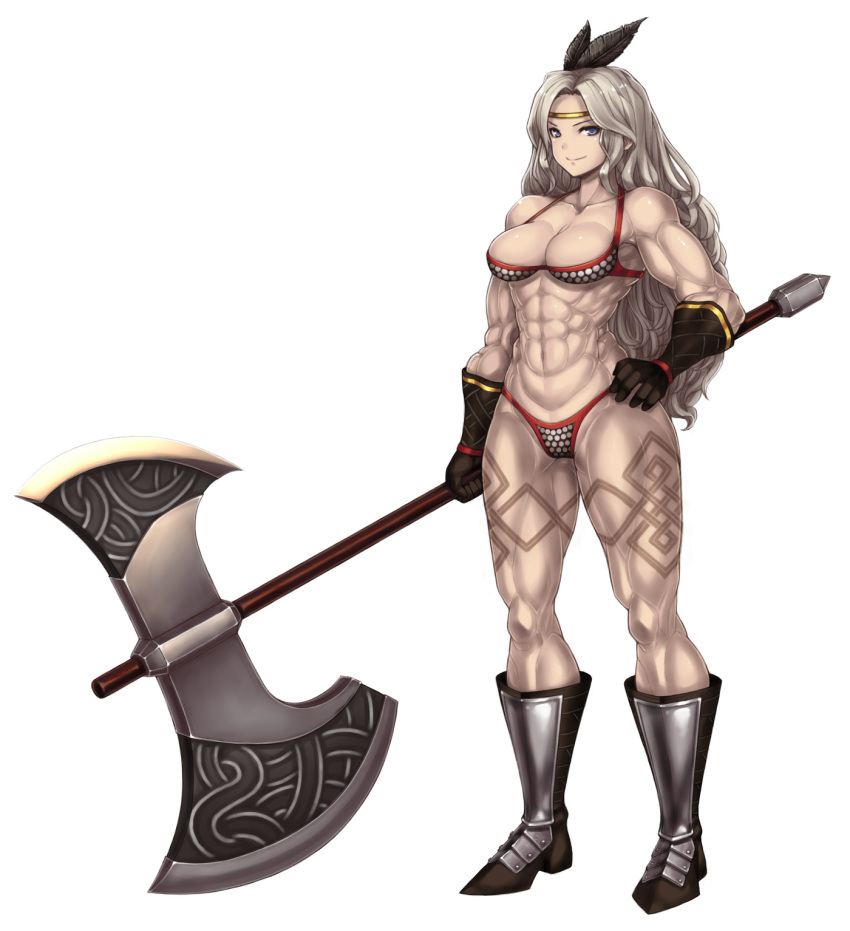 1girl abs amazon_(dragon's_crown) armor axe bare_shoulders bikini_armor blonde_hair blue_eyes boots breasts circlet cleavage collarbone dragon's_crown feathers full_body gloves hand_on_hip highres katagiri_(a1466502) long_hair looking_at_viewer muscle muscular_female navel simple_background solo standing tattoo thick_thighs thighs weapon white_background