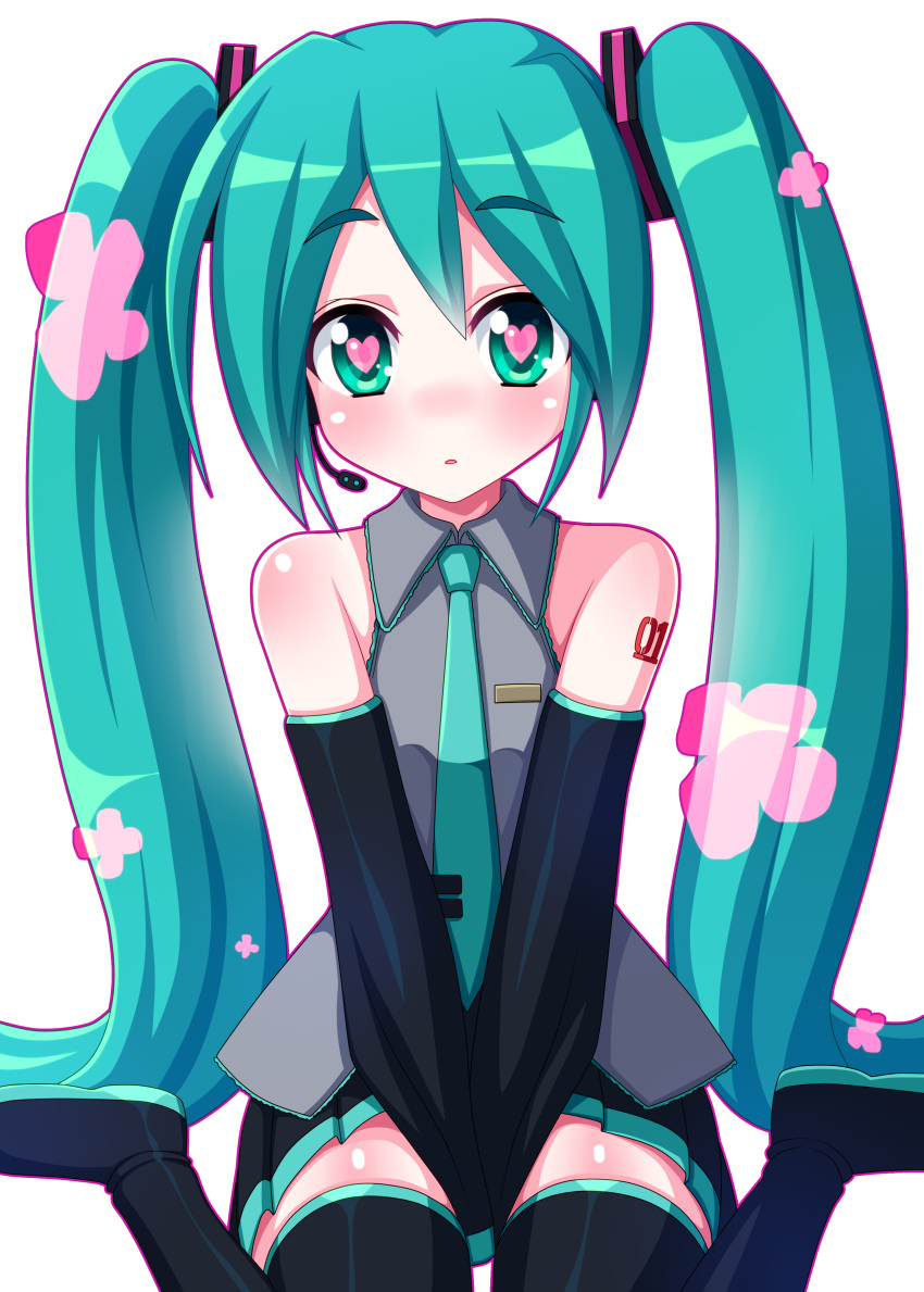 1girl absurdres aqua_eyes aqua_hair blush boots detached_sleeves hatsune_miku headset heart heart-shaped_pupils highres long_hair looking_at_viewer naze necktie open_mouth sitting skirt sleeveless solo symbol-shaped_pupils thigh-highs thigh_boots twintails v_arms very_long_hair vocaloid wariza