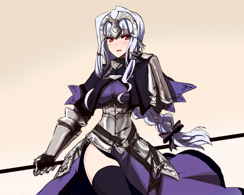 1girl armor armored_dress braid capelet cosplay fate/apocrypha fate_(series) gauntlets headpiece himo idolmaster long_hair polearm red_eyes ruler_(fate/apocrypha) ruler_(fate/apocrypha)_(cosplay) shijou_takane silver_hair single_braid smile solo thigh-highs weapon