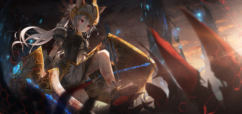 1girl animal_ears armor armored_dress blush boyogo commentary_request dress elin_(tera) gloves helmet highres long_hair ponytail rabbit_ears red_eyes shield silver_hair sitting solo tera_online weapon