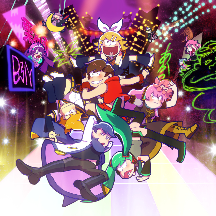 3boys 6+girls aoki_lapis aqua_hair arm_warmers blonde_hair blue_hair brown_hair commentary_request crescent_moon detached_sleeves flag gumi hatsune_miku heart heart_in_mouth highres ia_(vocaloid) kagamine_len kagamine_rin kaito megurine_luka meiko moon multiple_boys multiple_girls neon_lights oliver_(vocaloid) osomatsu-san parody pink_hair purple_hair siblings smile takoluka tone_rion tricycle twins union_jack vocaloid voiceroid wiba_y wrist_cuffs yuzuki_yukari zenryoku_batankyuu