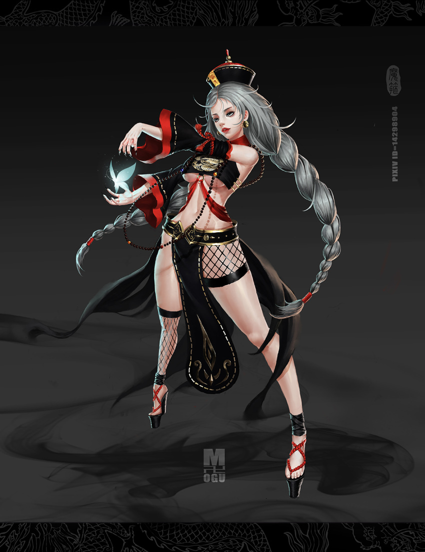 1girl artist_request black_nails braid butterfly chinese_clothes detached_sleeves earrings fishnets grey_eyes highres jewelry lipstick long_hair makeup nail_polish navel parted_lips platform_footwear platform_heels red_lipstick solo spread_legs twin_braids very_long_hair