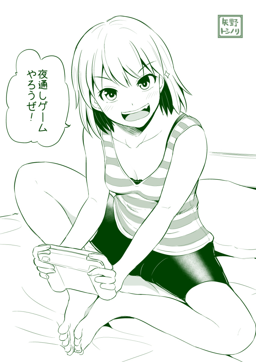 bangs bare_arms barefoot bed bicycle bra bra_peek breasts collarbone commentary_request crossed_legs eyebrows eyebrows_visible_through_hair fang feet_together game_console grin headboard highres lace-trimmed_bra monochrome on_bed open_mouth original pillow short_hair sketch smile sparkle tank_top translation_request underwear wii_u yano_toshinori