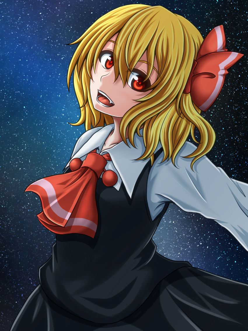 1girl :d blonde_hair hair_ribbon highres open_mouth outstretched_arms red_eyes ribbon rumia shirt short_hair skirt sky smile spread_arms star_(sky) starry_sky suikyou_(aqua_cities) touhou vest