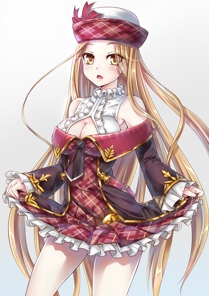 1girl bare_shoulders blonde_hair blush breasts cleavage diola_(granblue_fantasy) dress dress_lift frilled_sleeves frills granblue_fantasy hat highres long_hair looking_at_viewer miyabi_urumi open_mouth plaid plaid_dress solo very_long_hair yellow_eyes