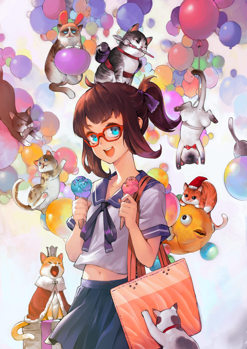 1girl ahoge animal_ears bag balloon blue_eyes bow bowtie capelet cat collar crown eyepatch fangs fish food gift glasses goldfish hair_ribbon hat highres ice_cream ice_cream_cone ink_bottle mouth_hold navel open_mouth original patipat_asavasena ponytail quill rabbit_ears ribbon school_uniform serafuku siamese_cat sidelocks solo too_many too_many_cats