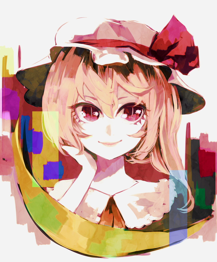 1girl ascot bangs bow crescent_moon eyelashes flandre_scarlet hair_between_eyes hand_in_hair hat hat_bow highres lips looking_at_viewer mob_cap moon red_eyes short_hair side_ponytail simple_background slit_pupils smile solo touhou uni_(bom19850101) upper_body