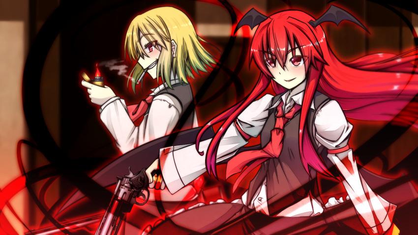 2girls bat_wings blonde_hair cigarette flame frilled_skirt frills grin gun handgun head_wings highres koakuma lighter long_hair multiple_girls red_eyes redhead revolver rumia rurushia shirt short_hair skirt smile smoke smoking touhou vest weapon wings