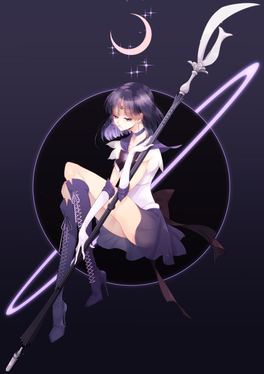1girl bishoujo_senshi_sailor_moon black_hair boots bow choker cross-laced_footwear earrings elbow_gloves gloves gradient gradient_background half-closed_eyes half_moon high_heel_boots high_heels highres jewelry knee_boots lace-up_boots magical_girl moon outer_senshi polearm purple_boots purple_skirt rui_yuda sailor_collar sailor_saturn sailor_senshi saturn see-through short_hair silence_glaive sitting skirt solo tiara tomoe_hotaru violet_eyes weapon white_gloves