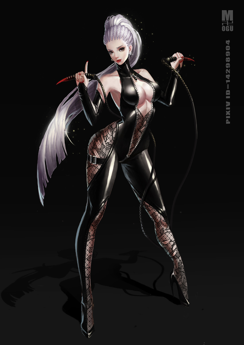 1girl artist_request ballet_boots bare_shoulders belt braid center_opening collarbone cuts gradient gradient_background highres injury lavender_hair long_hair nail_polish shadow skin_tight torn_clothes weapon zipper