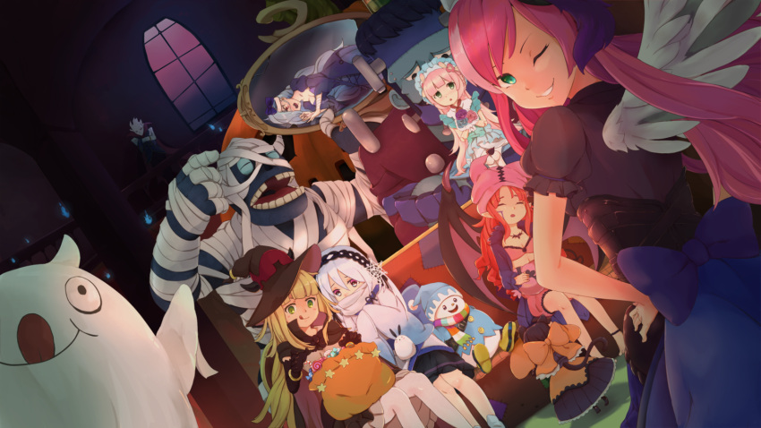 6+girls :q bat_wings candy candy_cane cape duel_monster ghost ghostrick_alucard ghostrick_angel_of_mischief ghostrick_doll ghostrick_jackfrost ghostrick_mary ghostrick_mummy ghostrick_socuteboss ghostrick_specter ghostrick_stein ghostrick_witch ghostrick_yuki-onna hairband halloween hat highres hsin jack-o'-lantern licking_lips lollipop looking_at_viewer mob_cap monster multiple_girls smile tongue tongue_out wings witch_hat yuu-gi-ou