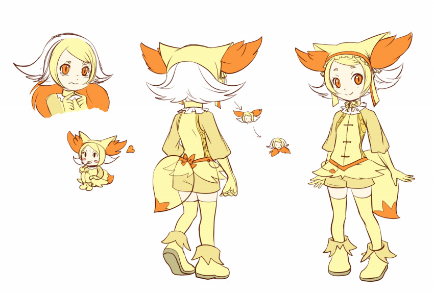 1girl bangs blush blush_stickers boots fennekin hat heart konna-nani looking_at_viewer multicolored_hair orange_eyes personification pokemon simple_background smile solo tail tears thigh-highs white_background zettai_ryouiki