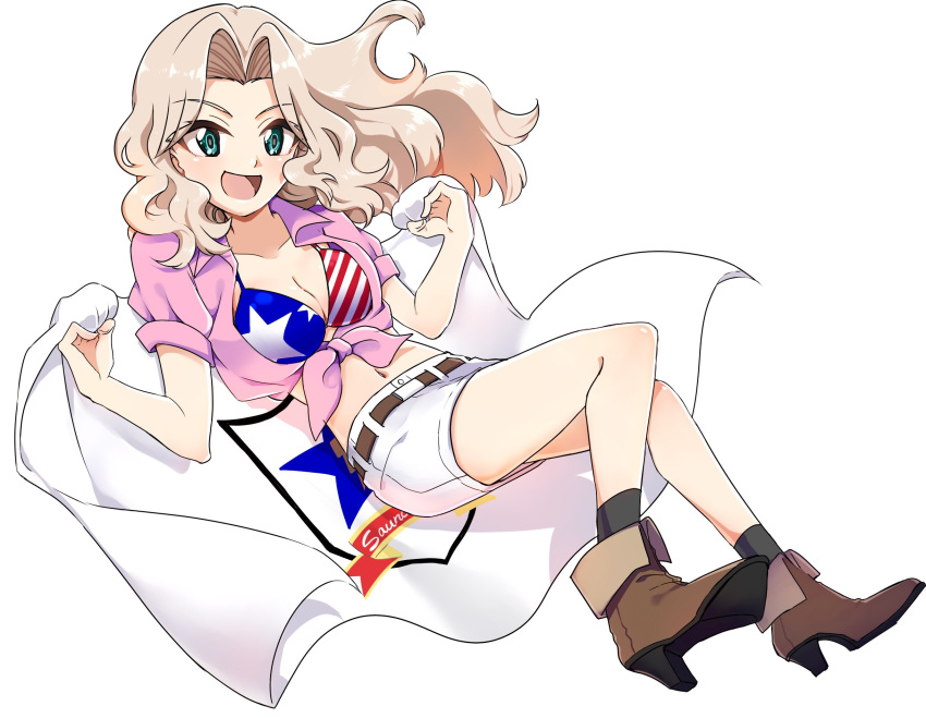 1girl :d american_flag_bikini artist_request bikini blonde_hair blue_eyes boots breasts cleavage flag_print girls_und_panzer highres kay_(girls_und_panzer) long_hair open_mouth shirt smile solo swimsuit tied_shirt white_background