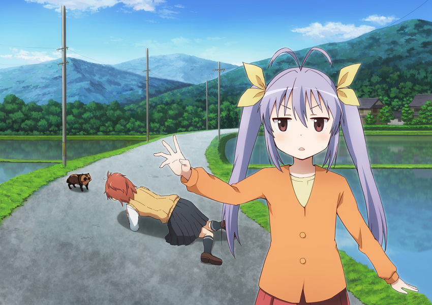 2girls antenna_hair blush brown_hair from_behind hair_ribbon hashi koshigaya_natsumi long_hair meme miyauchi_renge multiple_girls non_non_biyori on_ground open_mouth purple_hair red_eyes ribbon school_uniform skirt tanuki twintails