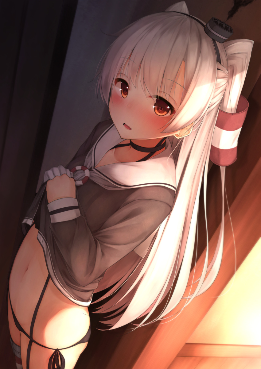 1girl amatsukaze_(kantai_collection) ass black_panties blush brown_eyes choker dress dress_lift fang garter_straps gloves hair_tubes highres kantai_collection long_hair looking_at_viewer navel open_mouth panties red_legwear sailor_collar sailor_dress side-tie_panties silver_hair single_glove solo striped striped_legwear thigh-highs two_side_up underwear waterdog white_gloves windsock