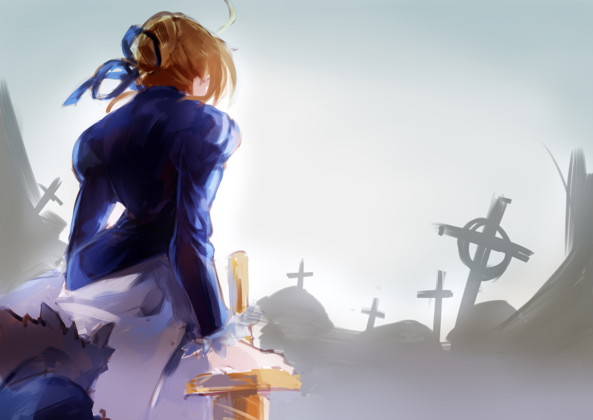1girl absurdres artist_request blonde_hair blue_ribbon cross fate/stay_night fate_(series) from_behind hair_ribbon highres ribbon saber sketch solo