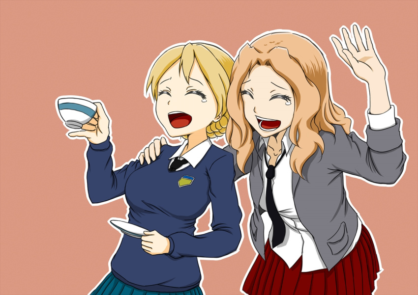 2girls artist_request blonde_hair crying cup darjeeling girls_und_panzer hand_on_another's_shoulder kay_(girls_und_panzer) laughing mouth multiple_girls necktie sweater teacup tears teeth