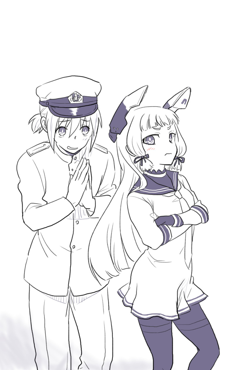 1boy 1girl admiral_(kantai_collection) crossed_arms dress gloves hair_ribbon hands_clasped hat headgear highres kantai_collection long_hair long_sleeves military military_hat military_uniform monochrome murakumo_(kantai_collection) necktie pants r-king ribbon sailor_collar sailor_dress short_eyebrows short_ponytail tress_ribbon uniform