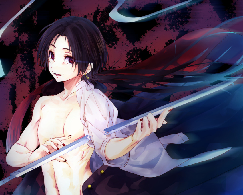 1boy broken broken_sword broken_weapon brown_hair earrings jewelry kashuu_kiyomitsu kuroaki male_focus mole mole_under_mouth nail_polish open_clothes open_shirt red_eyes red_nails scarf shirt sword touken_ranbu upper_body weapon