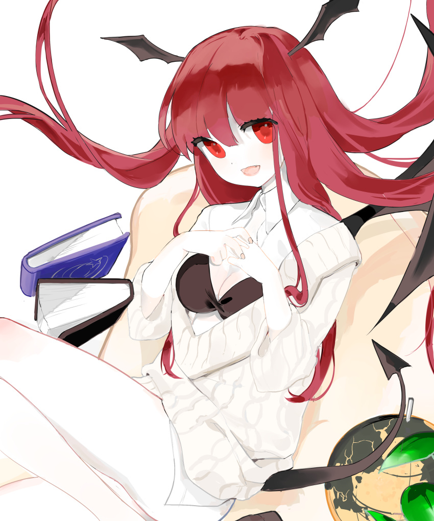 1girl absurdres alternate_costume ase bat_wings book bra cleavage_cutout demon_tail fang head_wings highres koakuma long_hair long_sleeves looking_at_viewer no_pants open_mouth pale_skin red_eyes redhead shirt simple_background sitting smile solo sweater sweater_vest tail touhou underwear white_background wings