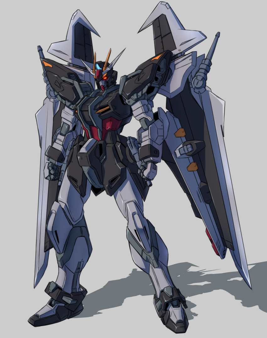 beam_rifle clenched_hands energy_gun grey_background gun gundam gundam_build_fighters gundam_seed_c.e._73:_stargazer handgun highres mecha no_humans simple_background strike_noir tatsu_(ashcleef) weapon