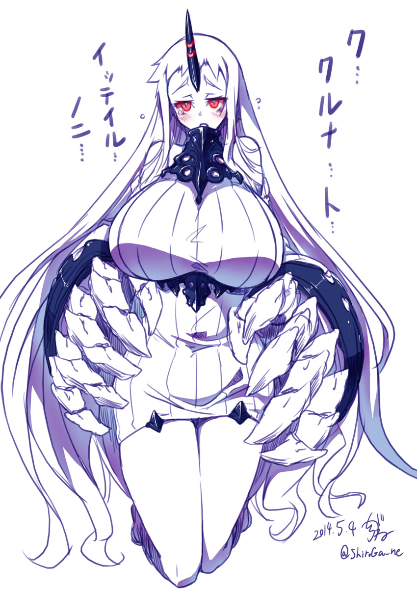 blush breasts claws collar commentary_request dress gigantic_breasts highres kantai_collection kneeling long_hair monochrome ribbed_sweater seaport_hime shinkaisei-kan shirogane_(cufsser) short_dress sweater tears translation_request