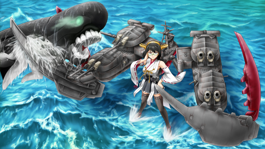 adjusting_glasses armor_girls_project black_hair boots detached_sleeves glasses green-framed_glasses hairband hand_on_hip headgear i-class_destroyer japanese_clothes kantai_collection kirishima_(kantai_collection) machinery majin_go! nontraditional_miko remodel_(kantai_collection) ribbon-trimmed_sleeves ribbon_trim shinkaisei-kan short_hair skirt thigh-highs thigh_boots turret water waves
