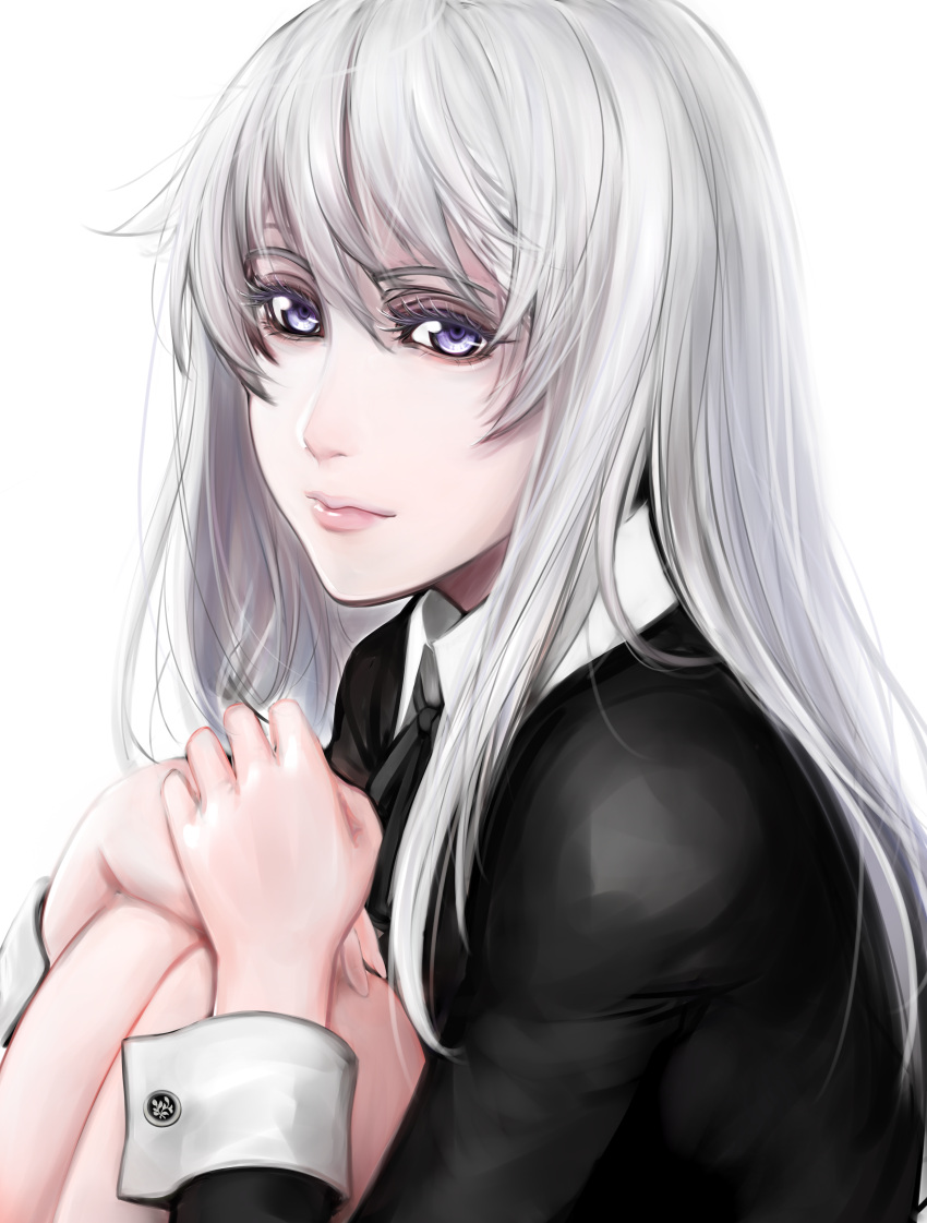 1girl absurdres close-up early_type eyebrows eyelashes face highres knees_on_chest lips long_hair nose original pale_skin portrait silver_hair solo violet_eyes wrist_cuffs
