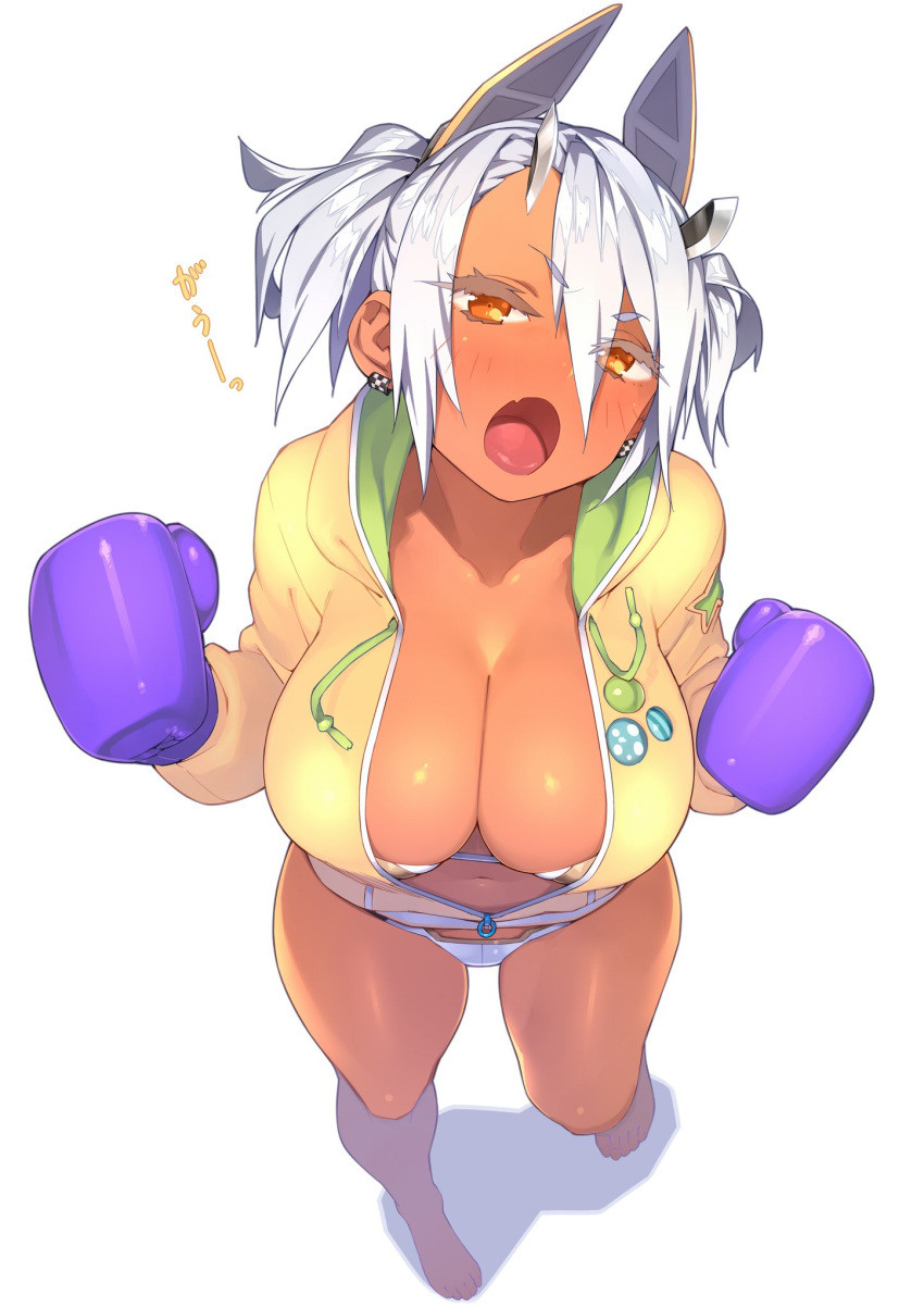 1girl 23_(real_xxiii) bangs bare_legs barefoot blush boxing_gloves breasts brown_eyes cleavage commentary_request dark_skin earrings fang from_above hair_between_eyes hair_ornament highres hood hoodie horns jewelry large_breasts long_hair looking_at_viewer looking_up navel open_mouth original pins short_twintails silver_hair solo twintails