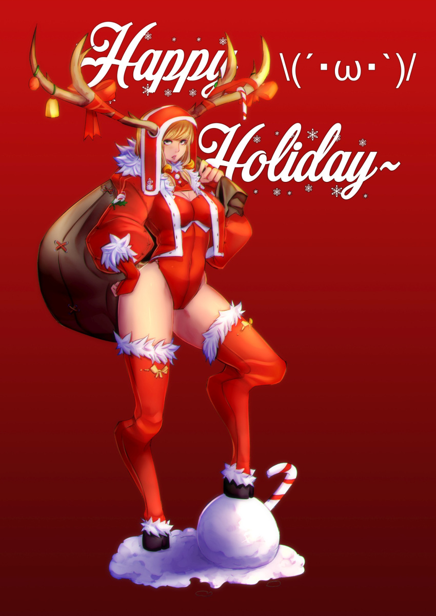 1girl antlers bell blonde_hair breasts candy candy_cane cleavage cleavage_cutout english eyebrows eyebrows_visible_through_hair fingerless_gloves fur_trim gift_bag gloves hand_on_hip highres hooves jacket moeroknight monster_girl open_clothes original personification reindeer_antlers ribbon short_eyebrows snowball thick_eyebrows thigh-highs