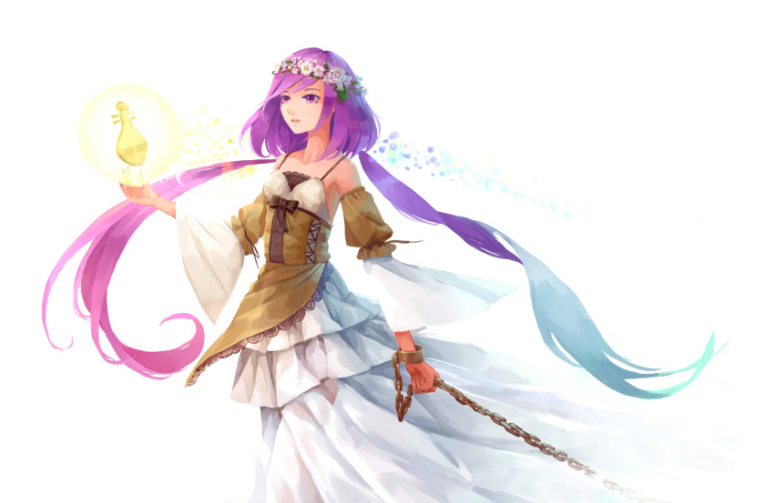 1girl alternate_costume armpits bare_shoulders biwa_lute chain cuffs detached_sleeves dress flower glowing head_wreath highres instrument layered_dress long_hair looking_to_the_side low_twintails lute_(instrument) manacles open_hand open_mouth purple_hair raised_hand rose simple_background solo touhou tsukumo_benben twintails very_long_hair violet_eyes white_background white_rose yuren
