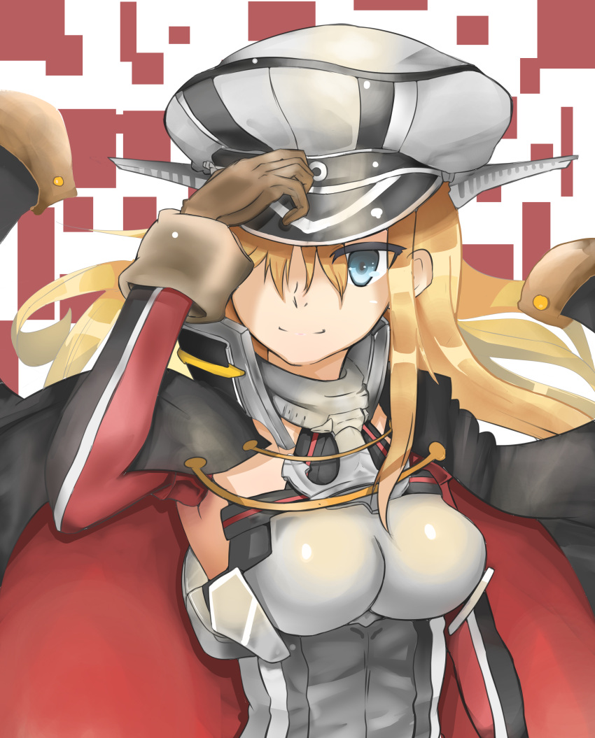 1girl absurdres anchor aqua_eyes bismarck_(kantai_collection) blonde_hair brown_gloves coat detached_sleeves gloves hair_over_one_eye hat highres jacket_on_shoulders kantai_collection long_hair peaked_cap ranf sidelocks smile solo