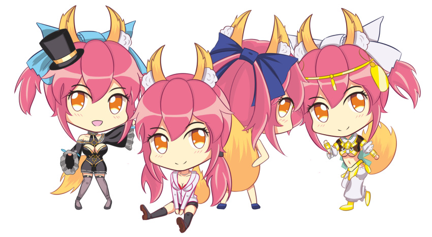 4girls alternate_costume animal_ears black_legwear bow breasts caster_(fate/extra) casual chibi cleavage collarbone detached_sleeves fate/extra fate/extra_ccc fate/stay_night fate_(series) fox_ears fox_tail hair_bow hair_ribbon hat highres looking_at_viewer mini_hat mini_top_hat multiple_girls navel nekonase open_clothes open_mouth open_shirt pink_hair ribbon shirt simple_background sitting tail top_hat under_boob white_background yellow_eyes