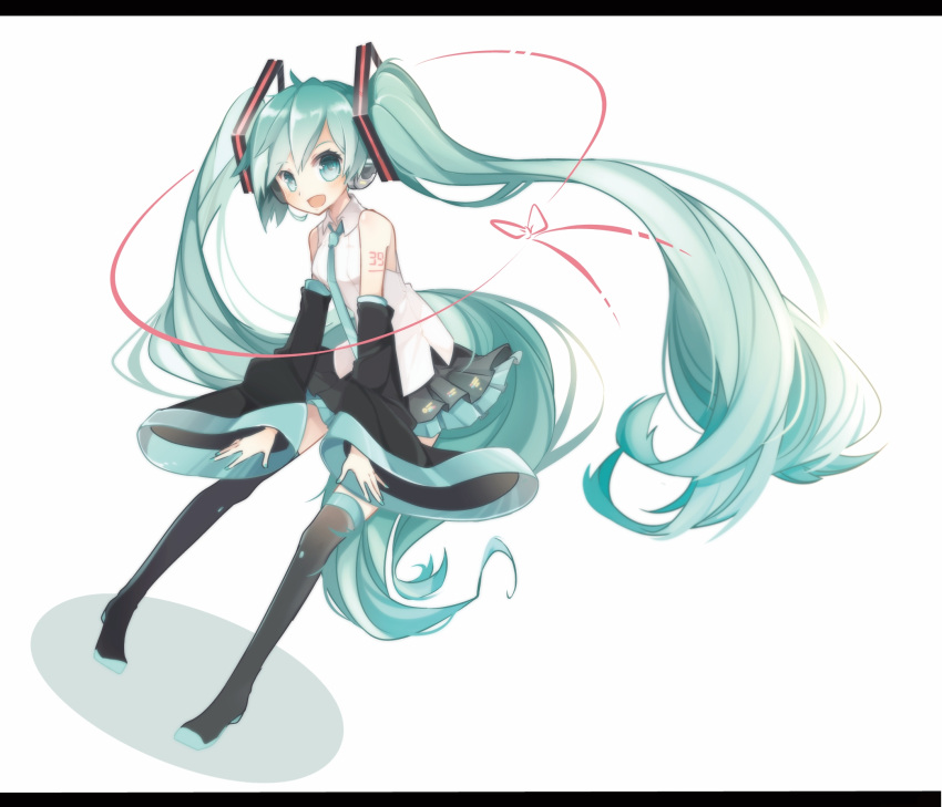 1girl 39 boots detached_sleeves full_body green_eyes green_hair hatsune_miku headphones highres leaning_forward letterboxed long_hair looking_at_viewer nail_polish necktie open_mouth pigeon-toed simple_background skirt solo tattoo thigh-highs thigh_boots twintails very_long_hair vocaloid white_background