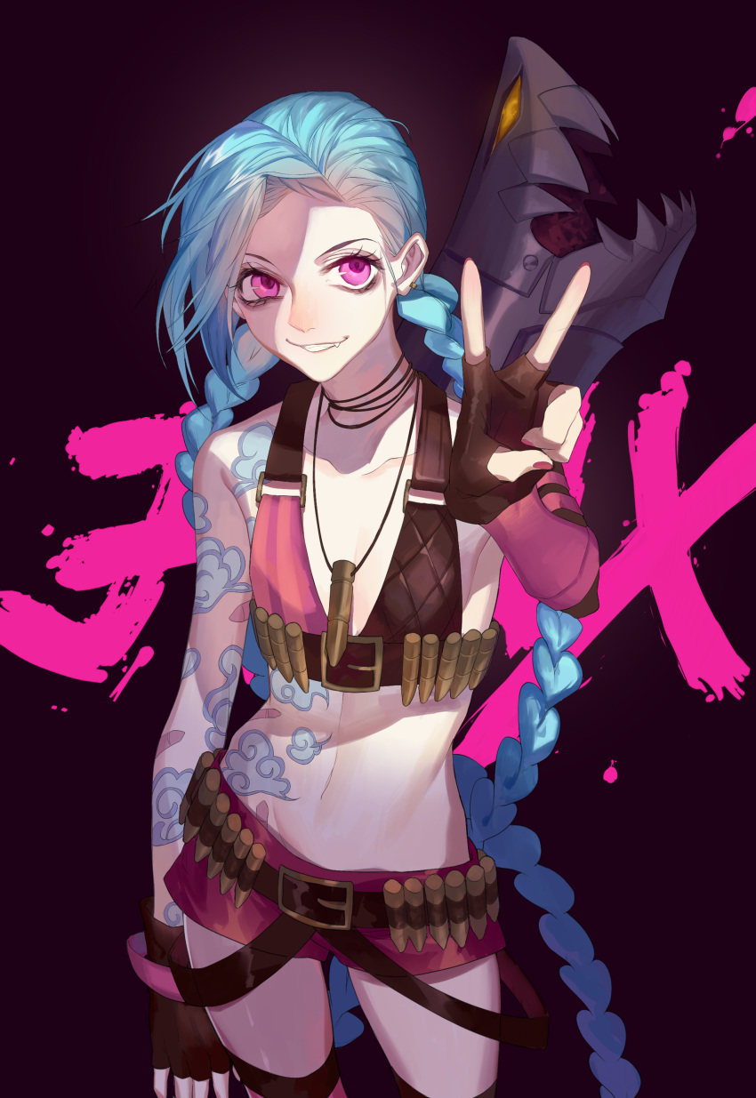 1girl absurdres bags_under_eyes blue_hair braid bullet cowboy_shot dj.adonis fang fingerless_gloves flat_chest gloves grin highres jewelry jinx_(league_of_legends) league_of_legends long_hair midriff navel necklace pink_eyes rocket_launcher short_shorts shorts single_sleeve smile solo tattoo twin_braids v very_long_hair weapon