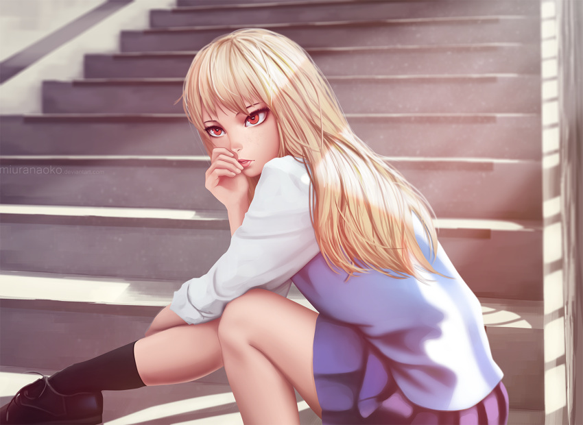 1girl arm_support artist_name black_legwear blonde_hair blue_skirt brown_shoes dust expressionless hand_on_leg hand_on_own_cheek indoors kneehighs leaning_forward light_rays loafers long_sleeves looking_afar naoko_(naoko00) parted_lips red_eyes sakura-sou_no_pet_na_kanojo shade shiina_mashiro shirt shoelaces shoes skirt solo stairs sunlight sweater_vest teeth tsurime watermark web_address white_shirt