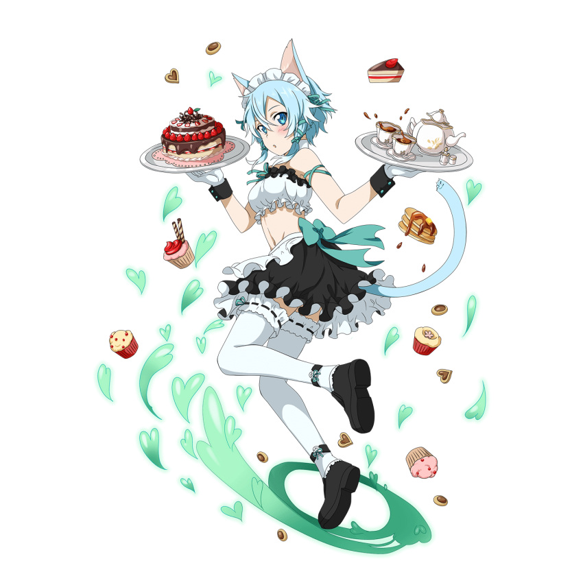 1girl animal_ears arm_ribbon blue_eyes blush cake carrying cat_ears cat_tail cookie cup cupcake food frilled_legwear full_body gloves hair_ribbon heart highres light_blue_hair looking_at_viewer maid_headdress pancake ribbon ribbon-trimmed_legwear ribbon_trim saucer shinon_(sao) short_hair skirt solo spoon sword_art_online tail tea teacup teapot thigh-highs transparent_background white_legwear