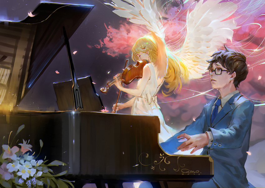 1boy 1girl arima_kousei back black-framed_glasses black_hair blazer blonde_hair blue_necktie bow bow_(instrument) closed_eyes crying dress feathered_wings glasses hair_ornament holding instrument long_hair long_sleeves looking_at_viewer miyazono_kawori necktie petals piano playing_instrument qmo_(chalsoma) school_uniform shigatsu_wa_kimi_no_uso sitting sleeveless sleeveless_dress tears violin visible_air white_bow white_dress white_flower white_wings wind wings