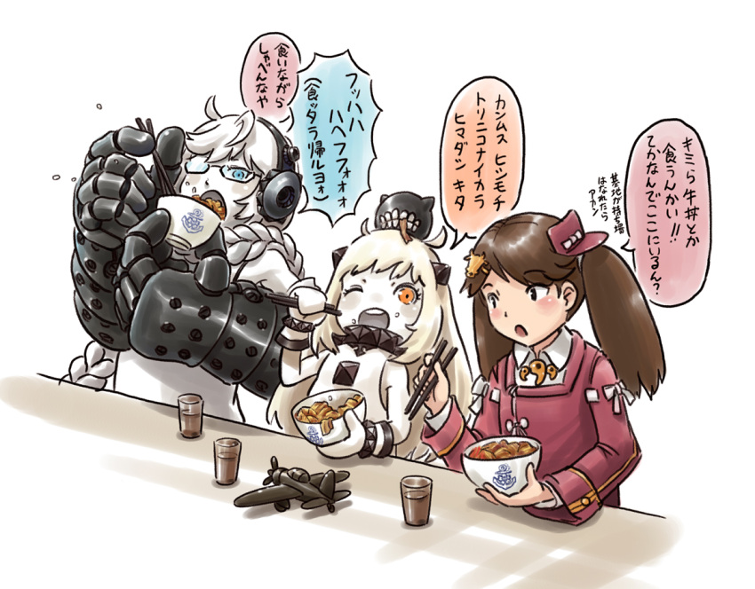 3girls ahoge aircraft blue_eyes braid brown_eyes brown_hair chopsticks dress eating enemy_aircraft_(kantai_collection) food food_on_face gauntlets glasses hair_ornament headphones holding horns japanese_clothes kantai_collection karasu_(naoshow357) kariginu long_hair magatama mittens multiple_girls northern_ocean_hime one_eye_closed rice rice_on_face ryuujou_(kantai_collection) shinkaisei-kan single_braid supply_depot_hime translation_request twintails white_dress white_hair white_skin