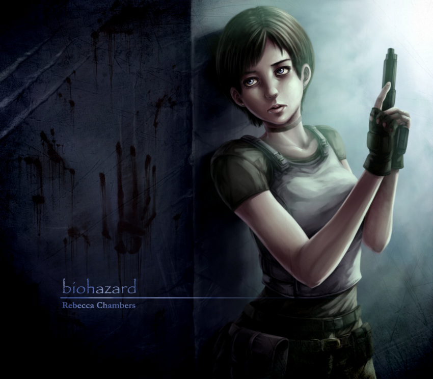 1girl air_tone blood blood_stain blue_eyes brown_hair character_name choker copyright_name earrings fingerless_gloves gloves gun handgun hiding jewelry light pouch rebecca_chambers resident_evil shadow short_hair solo trigger_discipline upper_body vest weapon