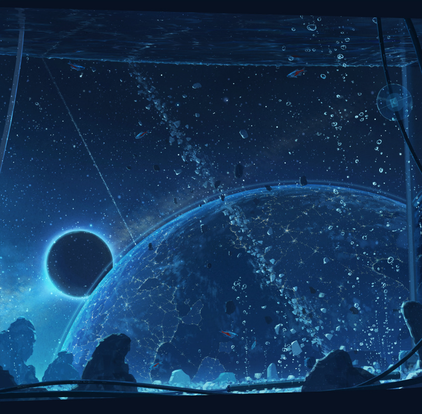 air_bubble animal aquarium blue city_lights cola_(gotouryouta) commentary_request debris earth faucet fish fish_tank glass highres moon original planet rock scenery space suction_cups tube water