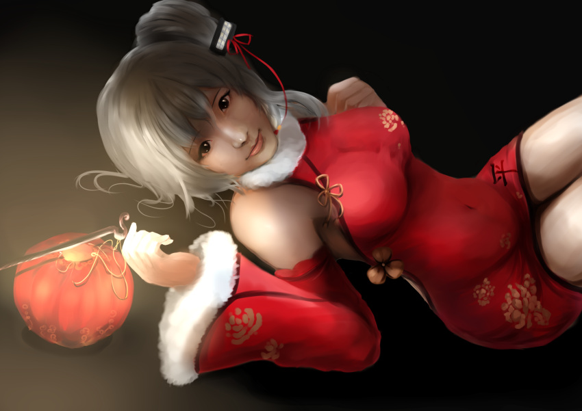 1girl absurdres black_background breasts brown_background brown_eyes brown_hair chinese_clothes covered_navel elbow_gloves eshan fur-trimmed_sleeves gloves gradient gradient_background highres lantern large_breasts lips looking_at_viewer lying nose on_back paper_lantern ping_hai_(zhan_jian_shao_nyu) realistic short_hair side_ponytail smile solo zhan_jian_shao_nyu