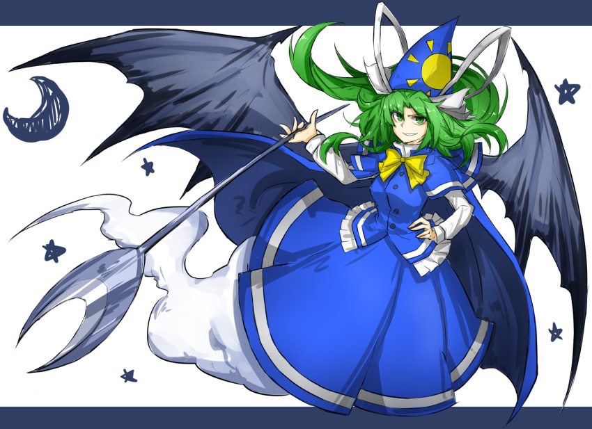1girl blue_shirt blue_skirt bow breasts cape capelet crescent_moon demon_wings ghost_tail green_eyes green_hair grin hand_on_hip hat hat_ribbon highres kan_(aaaaari35) layered_clothing letterboxed long_hair long_sleeves looking_at_viewer mima moon polearm ribbon shiny shiny_hair shirt simple_background skirt smile solo star touhou touhou_(pc-98) weapon white_background white_shirt wings